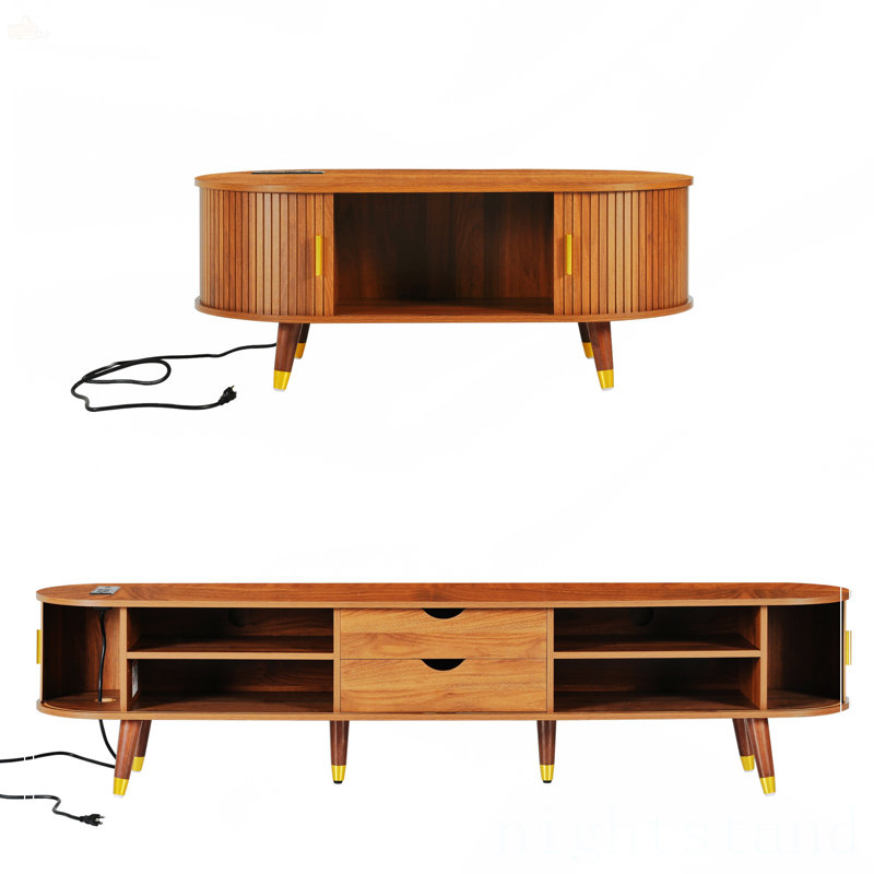 Ensemble de meuble télé et table basse en bois avec station de charge, Noyer