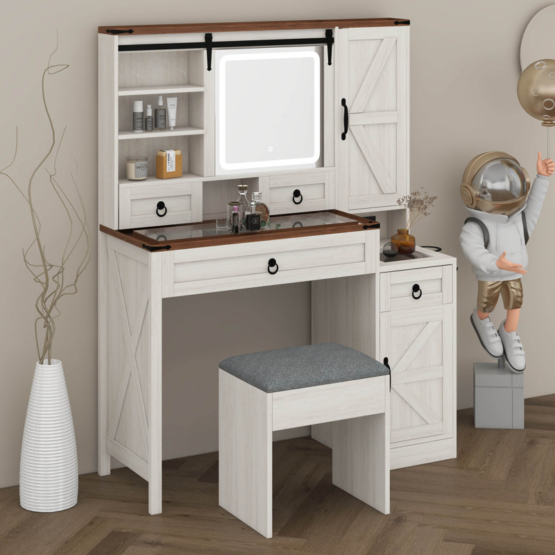 Vanity Desk With Sliding Mirror And Lights, Vanity Set With Glass Top And Charging Station, Dressing Table With 4 Drawers And 2 Cabinets