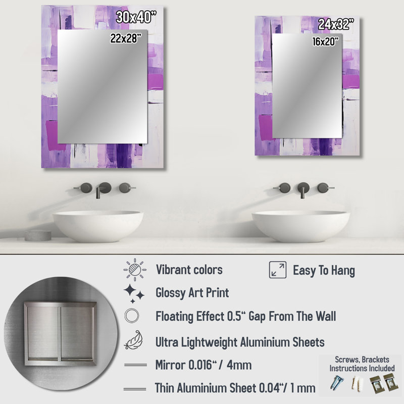 Tachisme purple cubism brush 3 - Tachisme Decorative Wall Mirror, Purple Mirror, Printed Metal Art, 32" x 24"