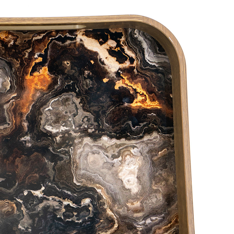 S/2 Rectanglular Glass And Plastic Trays With Multicolored Marbled Motifs L:13X20X2" S:10.5X16.5X2", Bronze​/Black​​ Marble