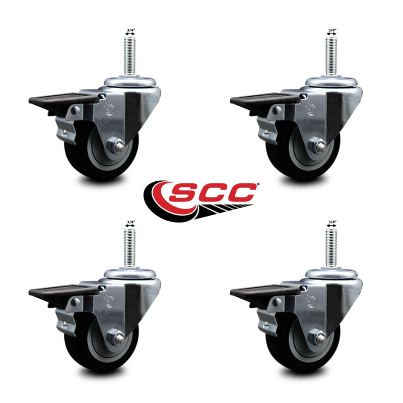 3 Inch_Poly Wheel Swivel 3/4 Inch_Threaded Stem Caster Set with Brake, Black