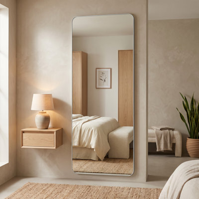 Miroir mural pleine longueur à coins arrondis, sans cadre, en verre incassable, idéal pour chambre, vestiaire ou salon.