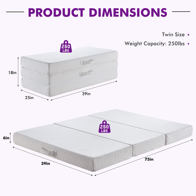6" Tri-Fold Memory Foam Mattress With Non-Slip Cover For Murphy Bed, Twin, Twin