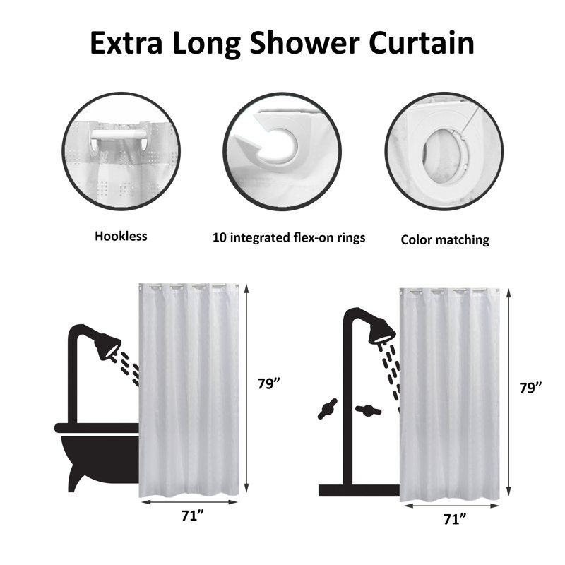 Cubic Hookless Extra Long Shower Curtain Polyester, White