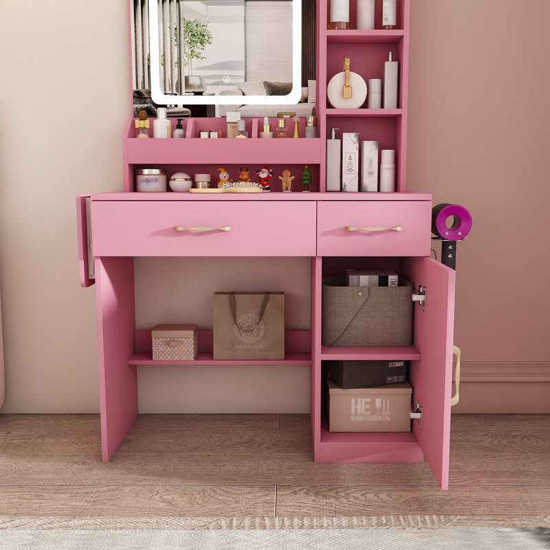 Vanity Desk with LED Mirror Lights and Power Outlet Charging Station, Makeup Dressing Table, Pink