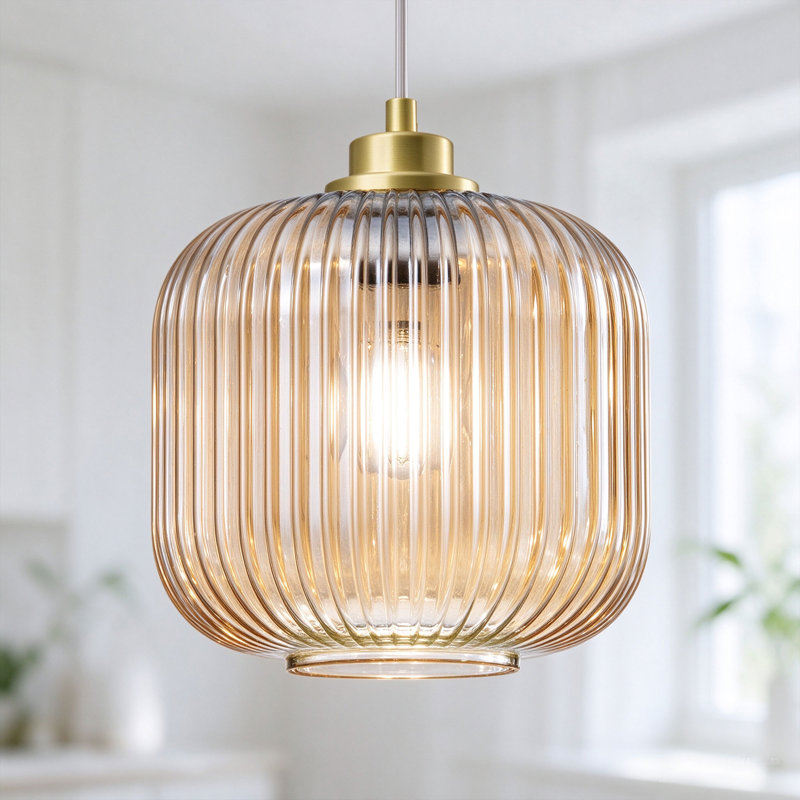 1 - Luminaire suspendu simple avec abat-jour en verre coloré, Cognac