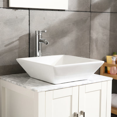 Lavabo vasque de salle de bain carré 16,5 po, céramique blanche, avec conduites d'eau à compression