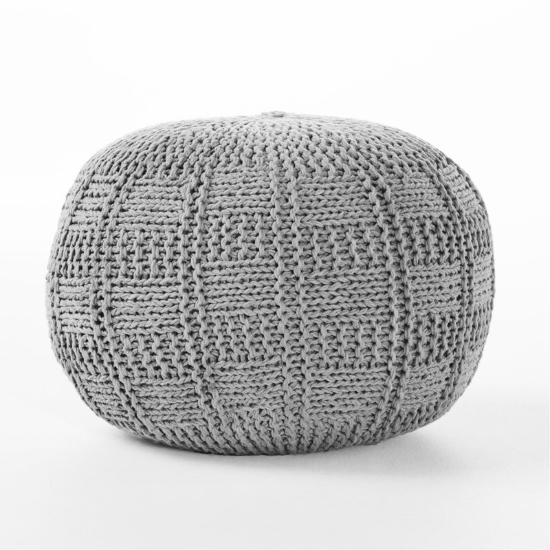 20 X 14 Knitted Cotton Grey Round Pouf, Modern, Adds Charm To Home Modern Pouf In Grey, 20X20x14, No Assembly