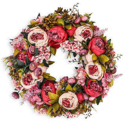 Couronne de pivoines artificielles 19 po - pivoines en soie rétro avec feuilles vertes, décoration de porte, mur et fenêtre toutes saisons printemps / été / automne / hiver