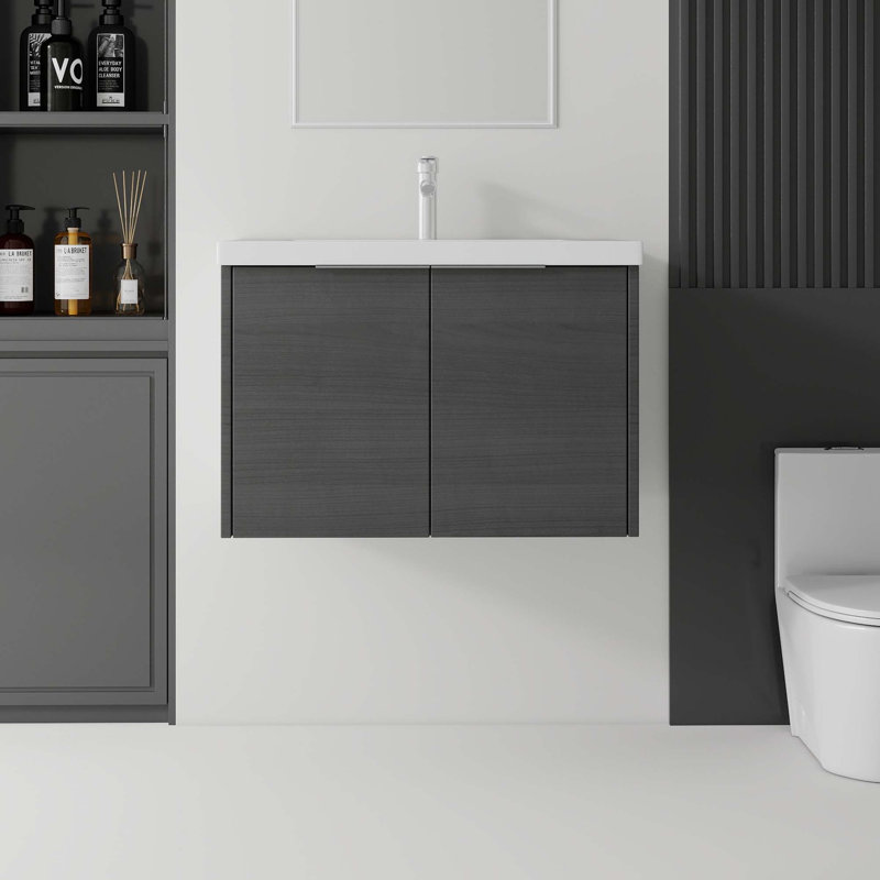 Meuble-lavabo flottant avec lavabo en céramique et portes à fermeture en douceur, Gris