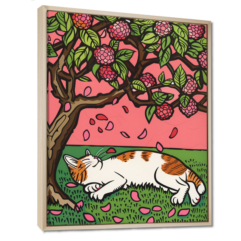 Chat dormant sous un arbre en fleurs de cerisier, H 32 po x l 24 po x P 1 po, Toile encadrée crème