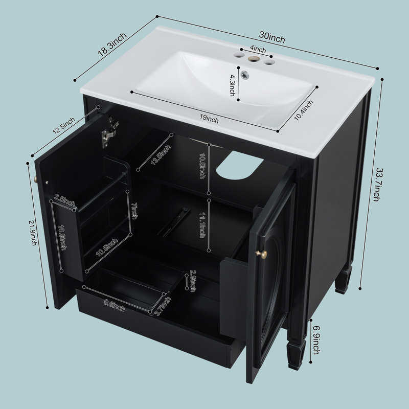 Meuble-lavabo 30 po avec lavabo en céramique, style rétro, Noir