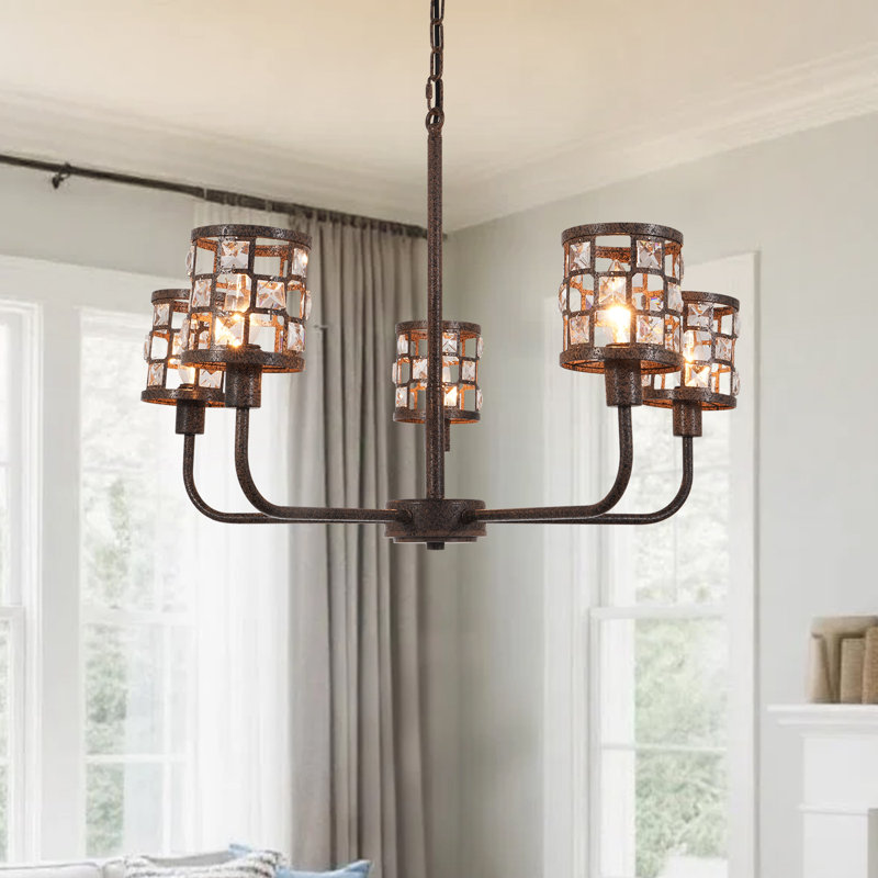5 Light Dimmable Farmhouse Chandelier, Retro Iron Rust Lighting With Crystal Decorations