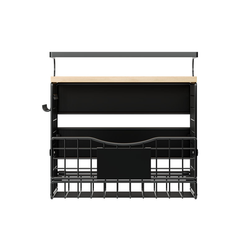 Organisateur de réfrigérateur noir magnétique avec couvercle en bois, étagère à épices en métal et panier de rangement suspendu pour réfrigérateur simple