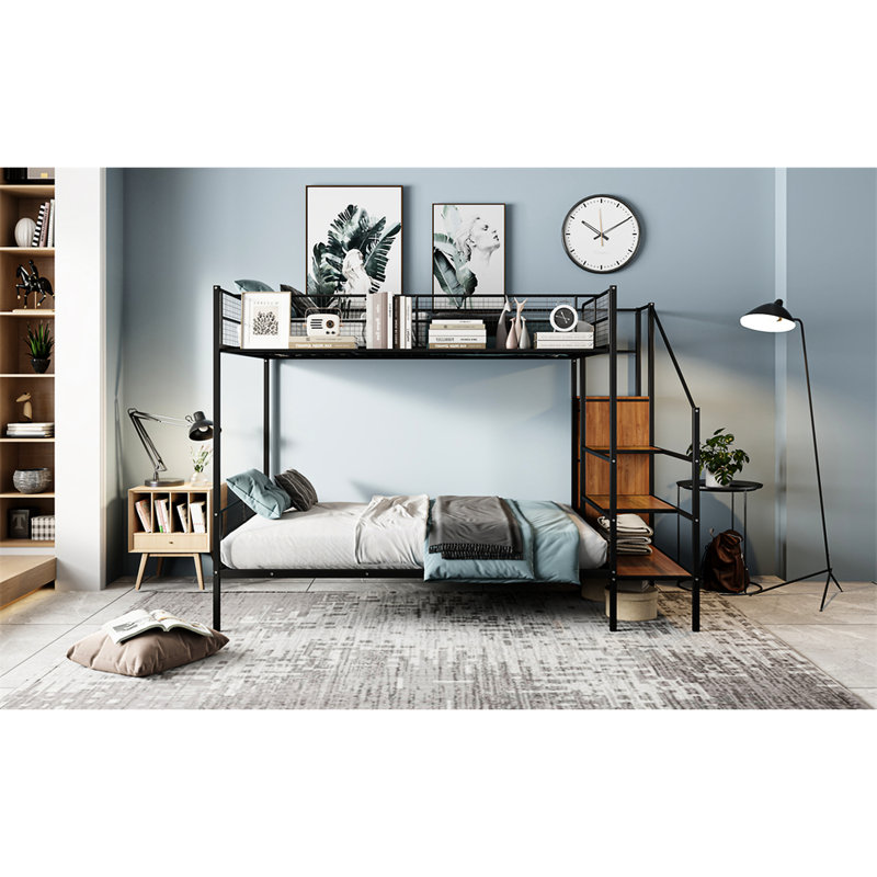Lit superposé simple au-dessus d'un lit double en métal noir, avec rangement latéral et garde-robe, étagères grillagées reconfigurables - noir