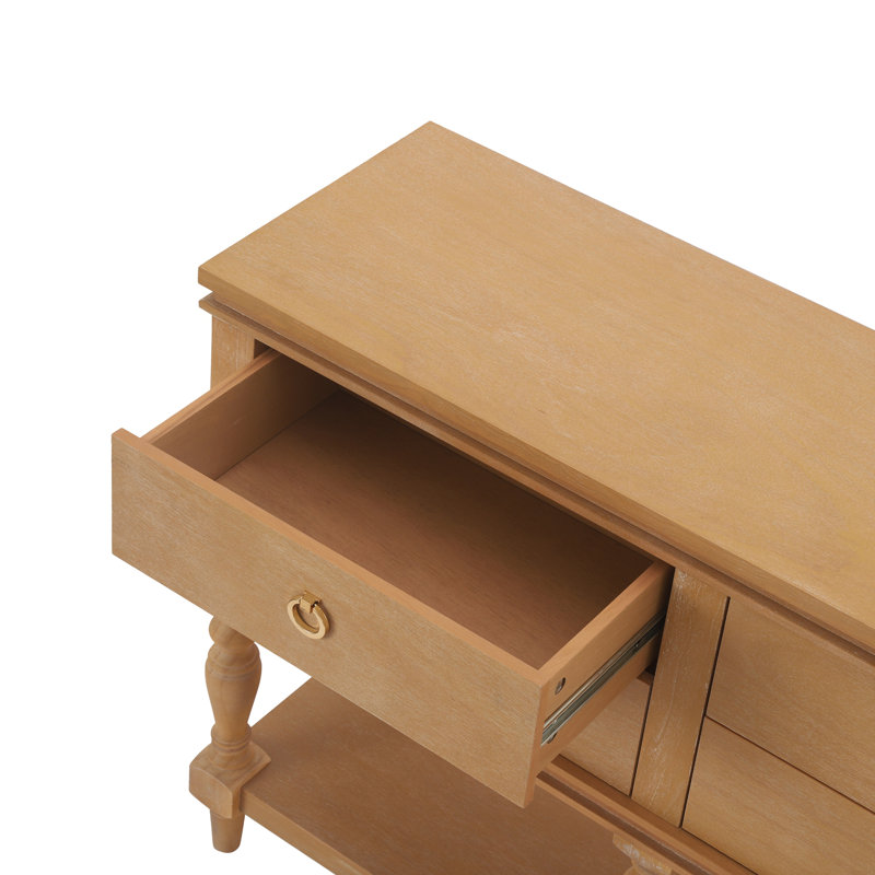 Console 42 po avec 4 tiroirs à fermeture en douceur, pieds tournés classiques, structure en bois massif et placage de pin