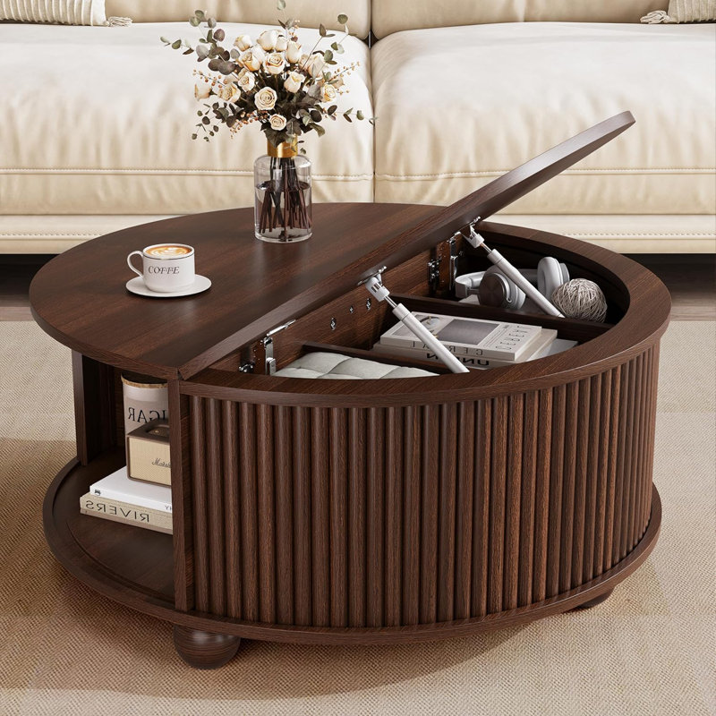 Table basse ronde avec rangement, table basse à cannelures 31,5 "Mid Century Modern, Noyer
