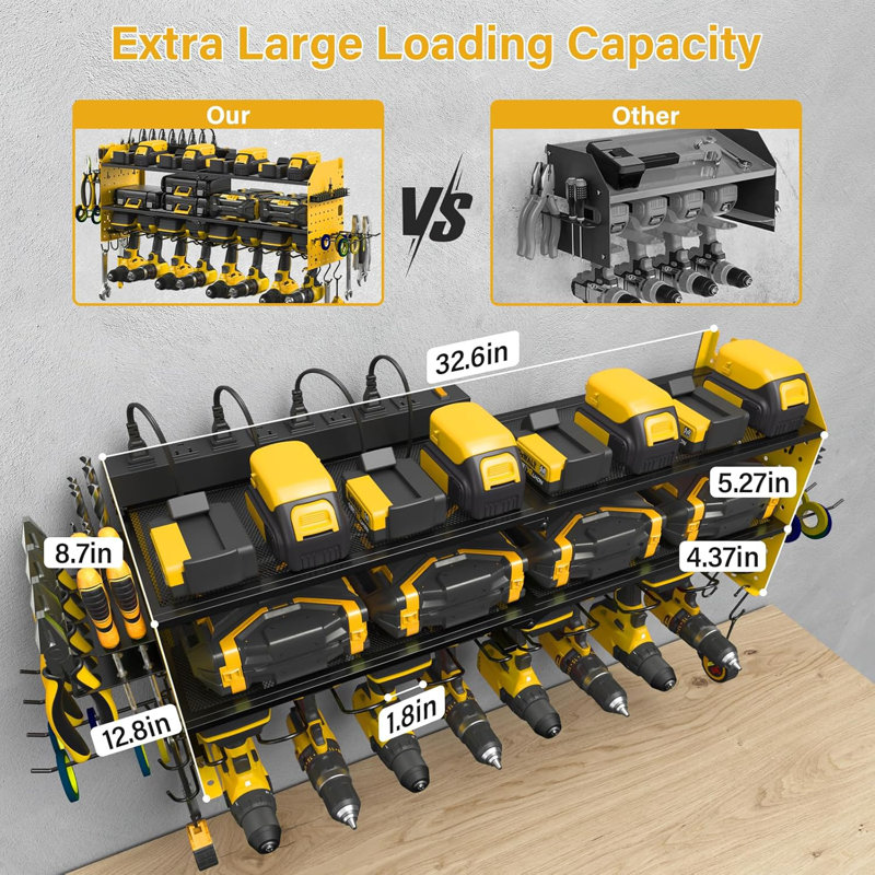 Pegboard Power Tool Organizer With Charging Station - Large Storage And 8 Outlet Power Strip