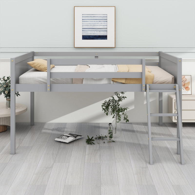 Wood Low Loft Bed With Ladder, Ladder Can Be Placed On The Left Or Right, Gray