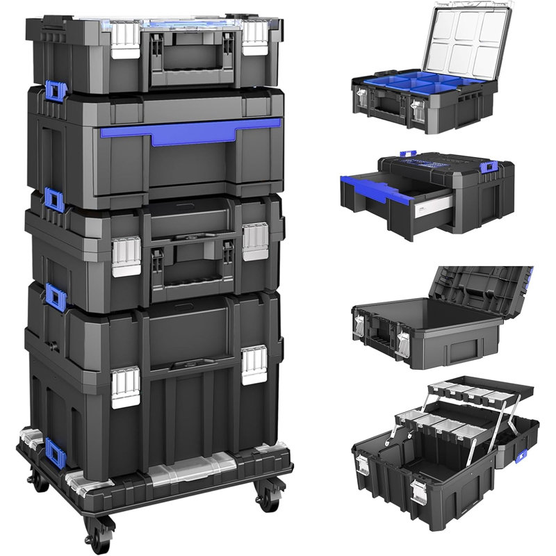 Boîte à outils roulante empilable à 5 niveaux avec roues, organisateur de tiroir modulaire avec boîte de rangement pour pièces transparentes, coffre à outils portatif de grande capacité pour garage