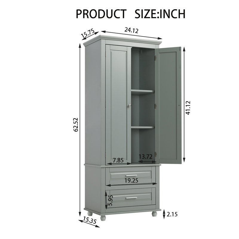 2-Drawer Freestanding Linen Cabinet With Adjustable Shelves, Gray
