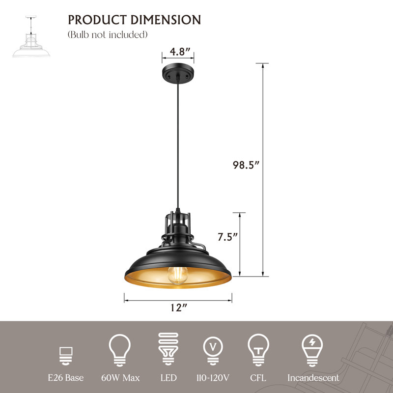 Luminaire suspendu industriel 1 lumière Barn, H 98,5 po x l 12 po x P 12 po, Noir mat