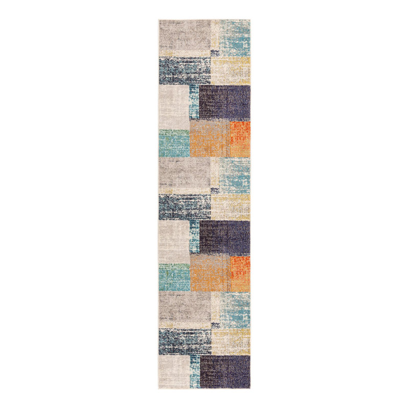 Tapis bleu marine / gris / orange à motif octogonal Octagon, Tapis de couloir 2 pi x 6 pi