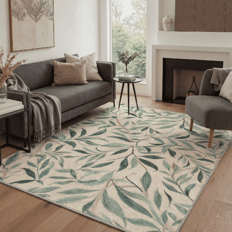 Abeyta Floral Machine Washable Green / Beige Indoor Area Rug with Non-Slip Backing, Rectangle 6' x 9'