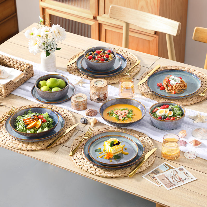 Service de table en grès 24 pièces pour 6 personnes avec finition vernis réactive réversible vancasso - comprend assiettes, assiettes à dessert, bols à pâtes et bols à céréales.