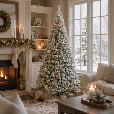 9 ft Pre‑Lit Flocked Fraser Fir Artificial Christmas Tree, Hinged Branches with LED Lights, Foldable Sturdy Metal Base in Green and White Finish