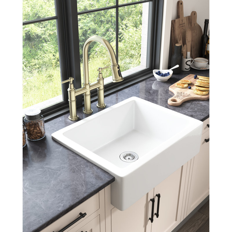 Évier de cuisine blanc, L 24 po x l 19 po, façade à tablier, céramique, bols profonds pour la vaisselle, cuisson à haute température, teinture, pots de qualité et style de vie moderne, style Scratch