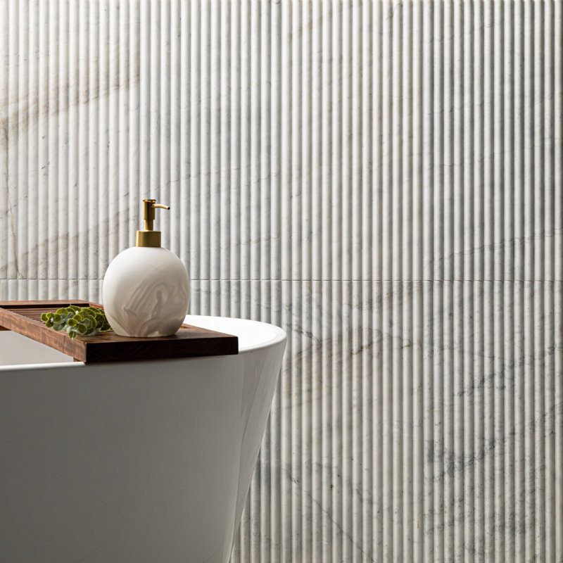 Stratos 12 in. x 24 in. Convex Fluted Honed Marble Wall Tile, Castella de Blanc