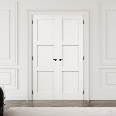 48" x 96" 3-Panel Interior French Door with Black Hardware & Latch & Door Lever, Solid Core Door Slab, Paintable & Waterproof, Suit for Laundry, Closet Doors, Room Doors, Assembly Required