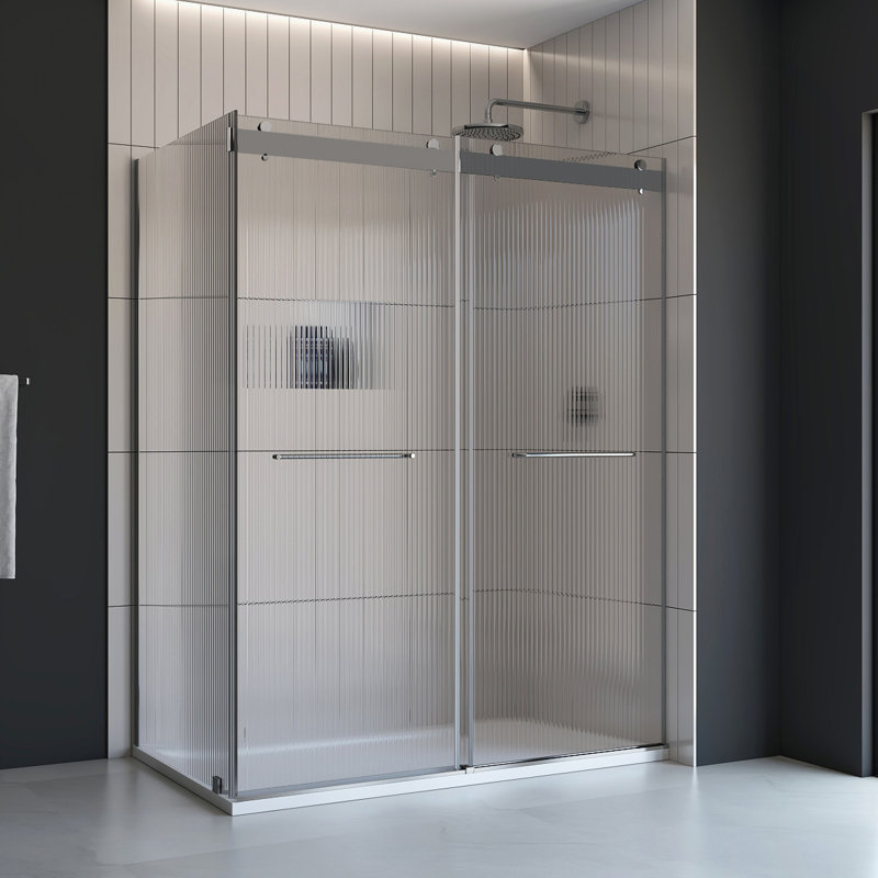 Ensemble de porte de douche rectangulaire sans cadre avec finition en verre cannelé l 48 po x P 36 po x H 76 po Molly, Droite