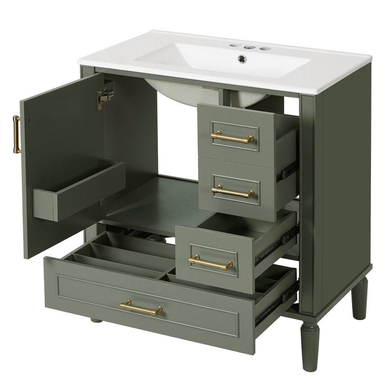 Ensemble de meuble-lavabo avec trois tiroirs, portes à fermeture douce et poignées en métal, Olive Green