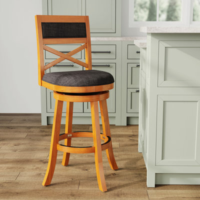 Stylish Bar Stool With , Natural, Charcoal Fabric Seat Cover Height Swivel Natural Finish And