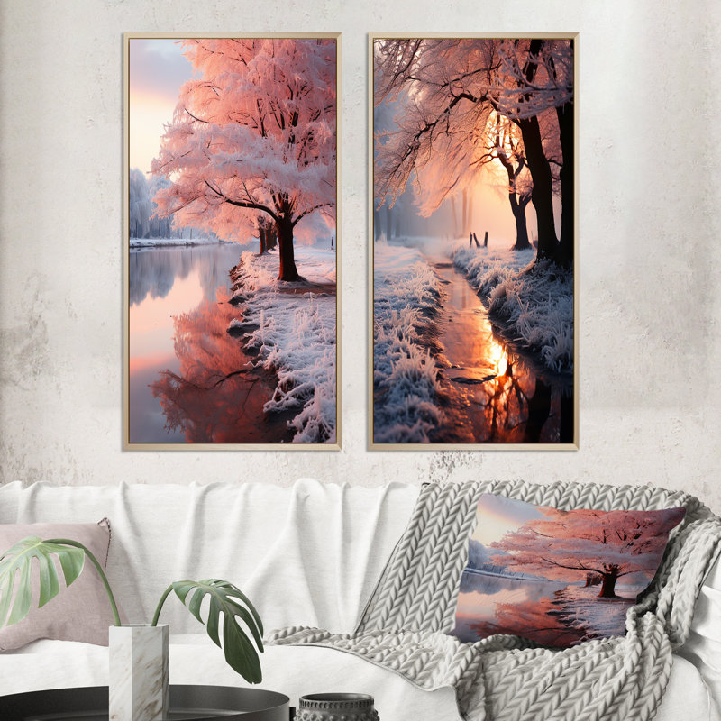 «Winter Peach Tree On Frosty Morning», 2 pièces sur toile, Encadrement brun, H 20 po x l 24 po