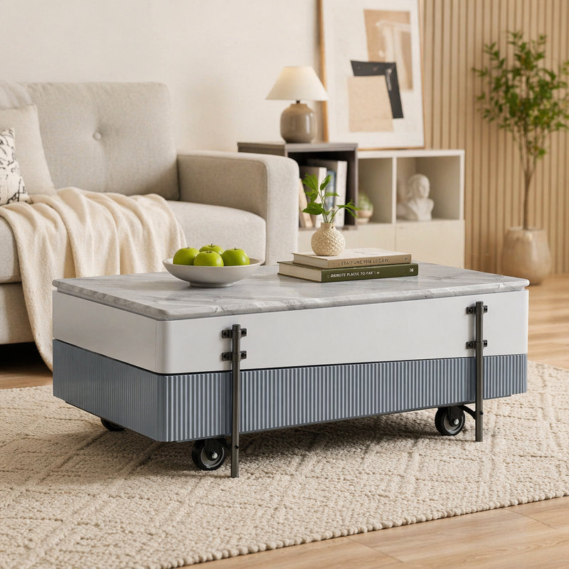 Table basse haute brillance avec plateau relevable, White / Gray, H 18,05 po x l 47,5 po x P 23,5 po