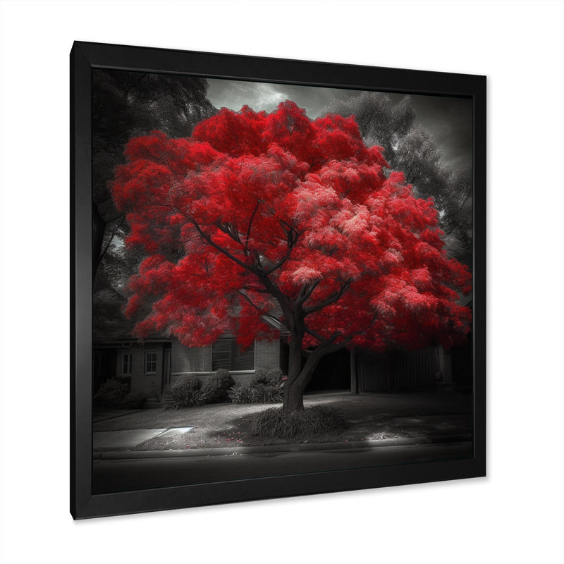 Red Tree Blossom Haven II - art mural floral pour salon, Cadre simple noir, H 16 po x l 16 po x P 1 po
