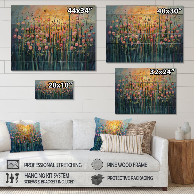 Coucher de soleil fleurs sauvages dans la nature IV - Décoration murale en bois de bambou - sur bois de pin naturel