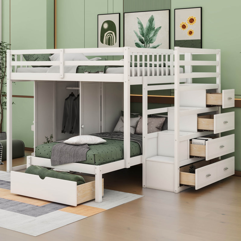 Jeroline Full Over Twin Bunk Bed with Wardrobe, Drawers, White