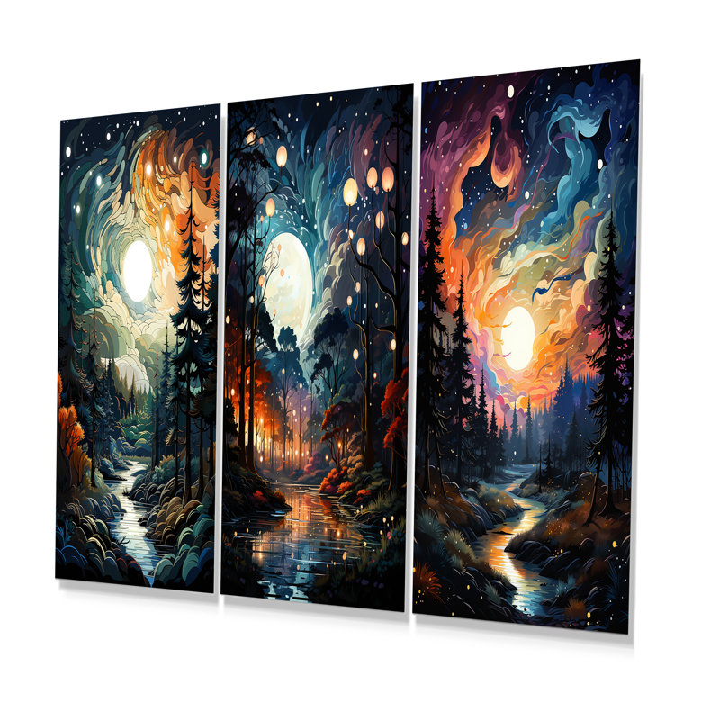 Moonlight River Into The Forest I - ensemble de 3 reproductions d'art mural en métal, H 28 po x l 36 po