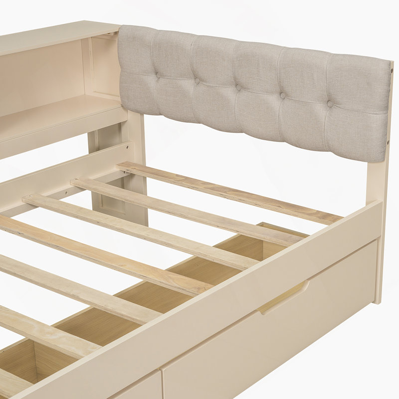 Lit plateforme en bois avec tablettes de rangement, tiroirs, station de charge et tête de lit tapissier