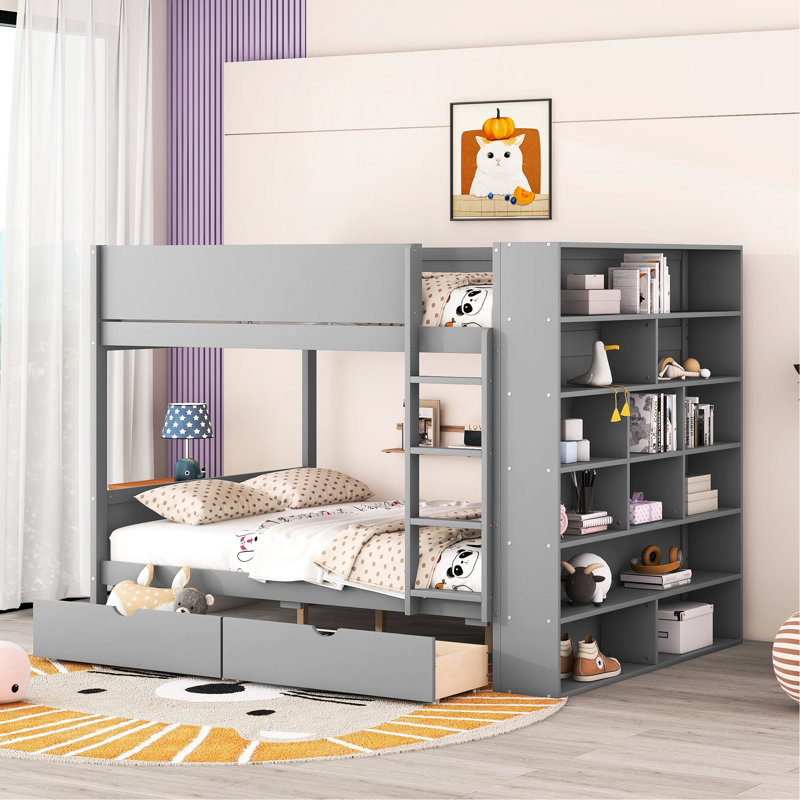 Lit superposé double en bois massif gris - 2 tiroirs et armoire multicouche pour une chambre de bébé confortable avec rangement intelligent