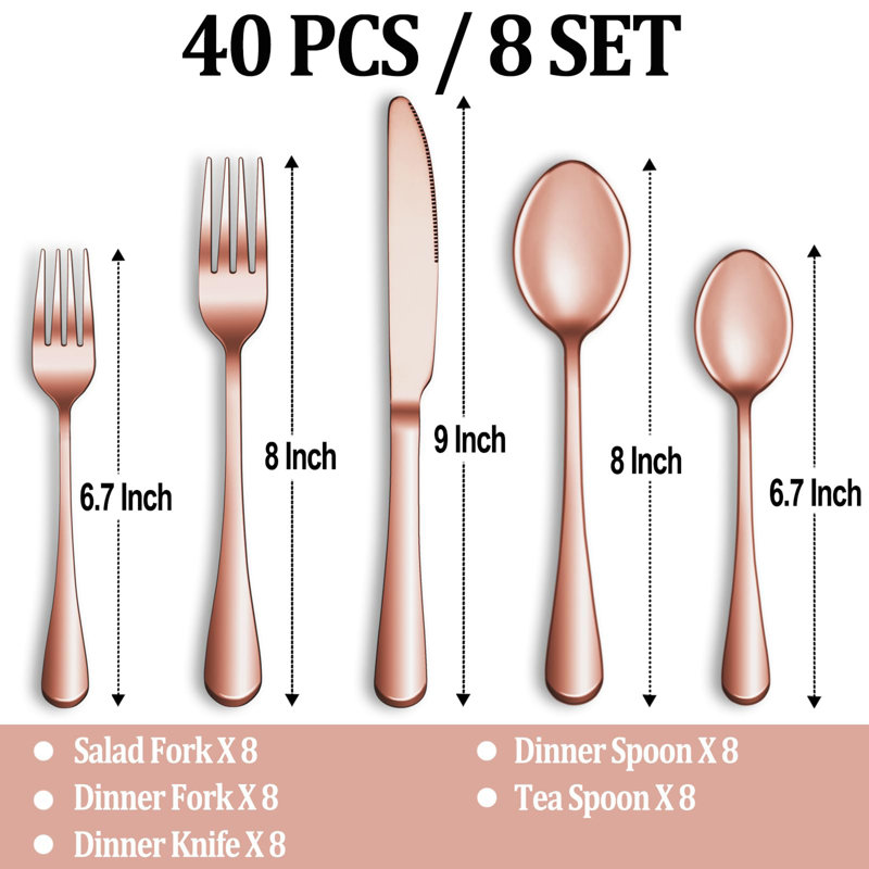 Service de couverts 40 pièces en acier inoxydable pour 8 personnes, Or rose