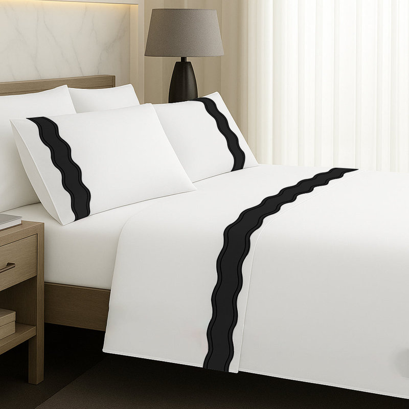 Linen Frame Trim Sheet Set, California King Sheet Set, Black