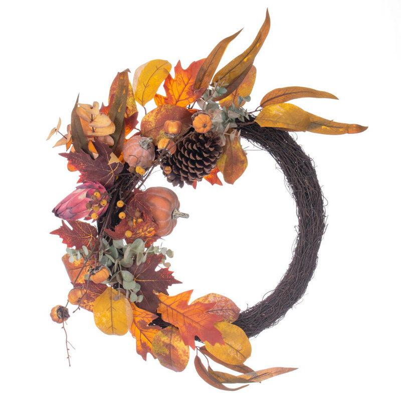 Primrue Orange Pumpkin Eucalyptus Pinecone Half Wreath.