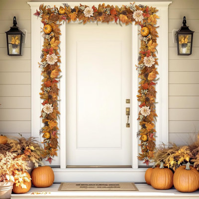 Guirlande de feuilles d'érable artificielles avec citrouille, baies et pommes de pin, décoration de récolte d'automne pour cheminée, manteau de cheminée, porche, fête de l'Action de grâce, Halloween, intérieur et extérieur