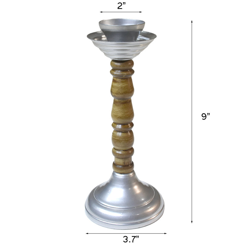 Porte-bougie traditionnel fait à la main de couleur argent en fer et bois 8,26 x 3,5 x 3,5 pouces 08AB2020