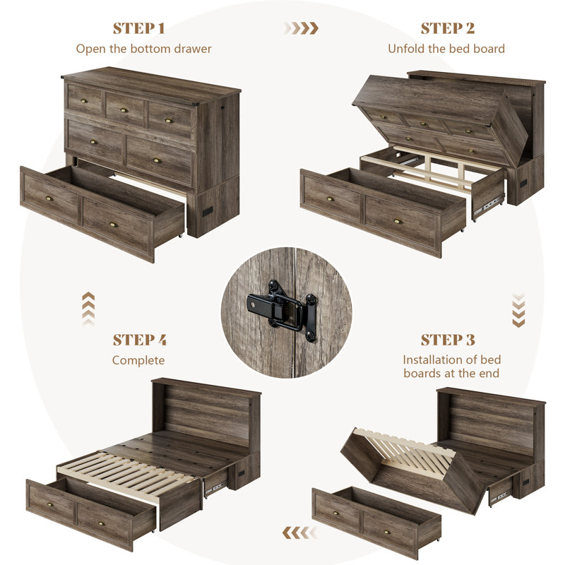  Arlina Farmhouse Queen Murphy Bed With Charging Station & Storage Drawer, Rustic Gray, Gray, Queen